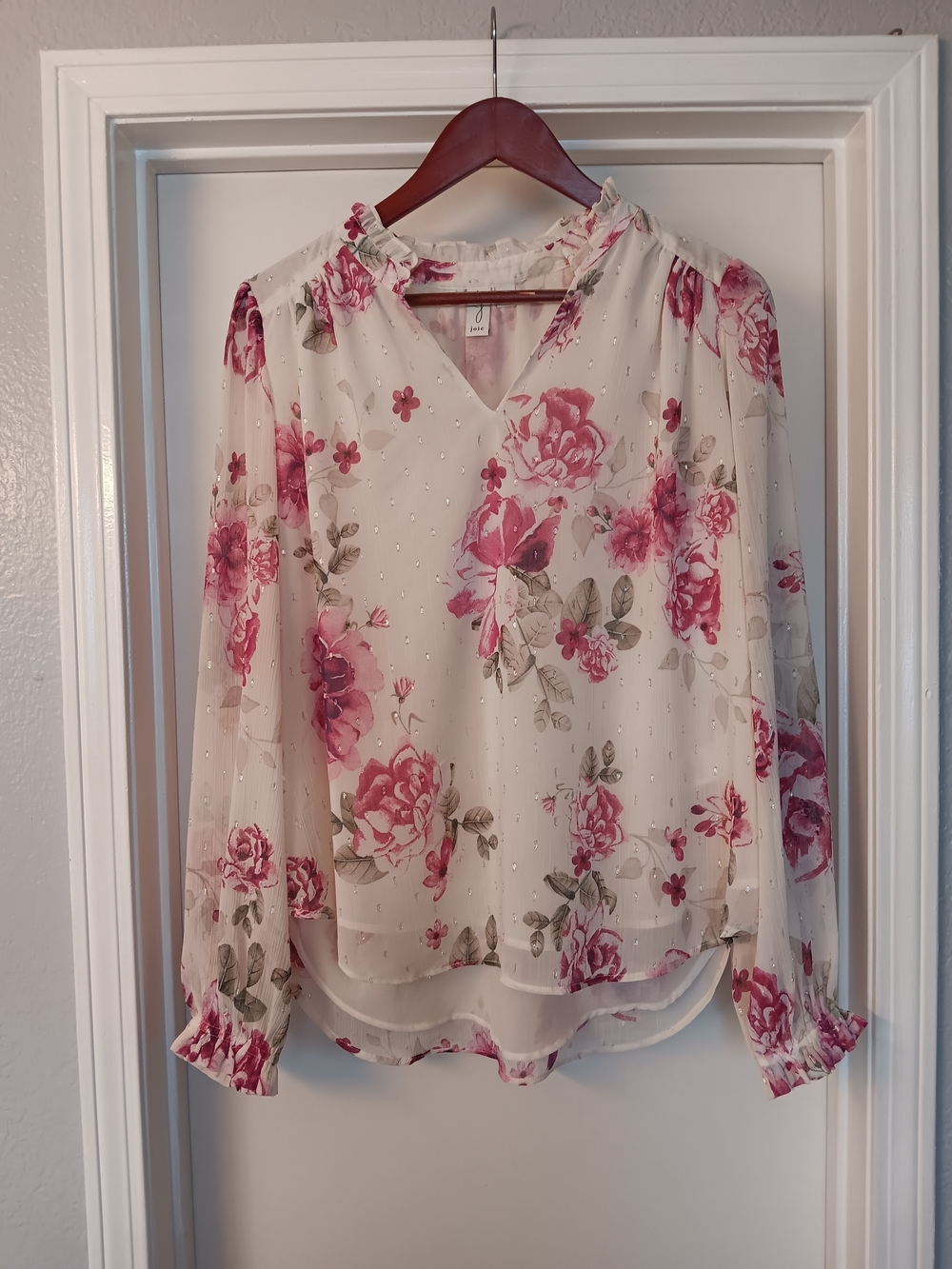 Joie Pink Floral Ruffle Metallic V-Neck Blouse